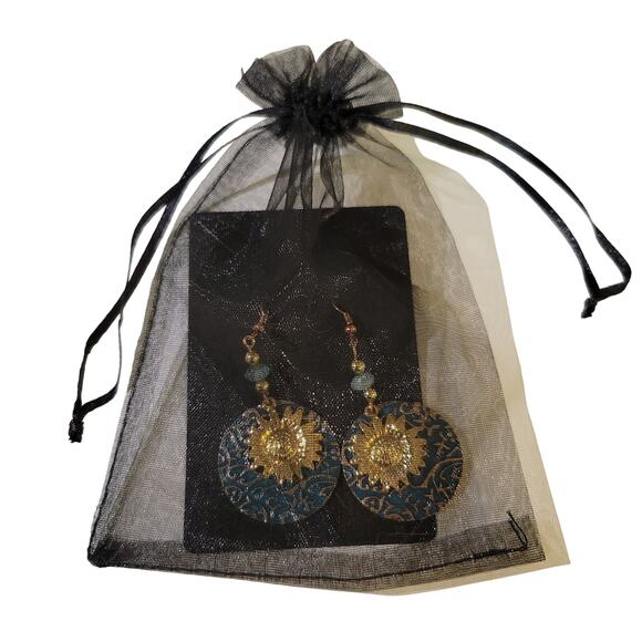 Boho Sunflower Dangle Earrings Gold Tone Turquoise Beaded Drop Jewelry Gift Bag - Picture 9 of 9